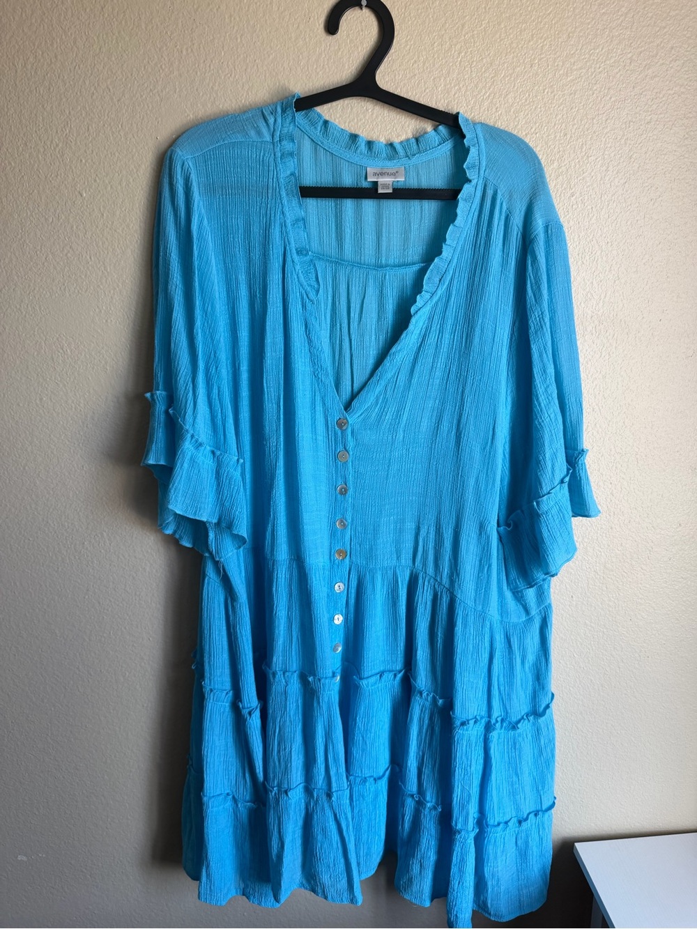 Avenue Turquoise Button-Front Ruffle Sleeve Tunic